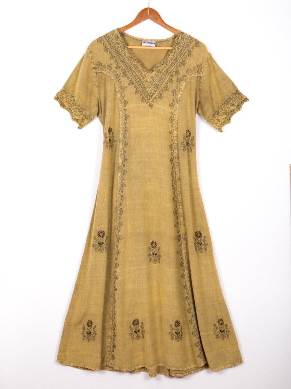 Vintage 90s Fabulous Made in India Dusty Mustard Yellow Rayon Embroidered Dress